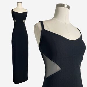 Vintage Y2K Rampage Black ribbed mesh cutout maxi dress formal minimal goth XS